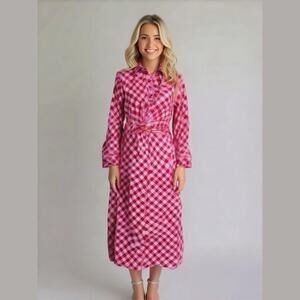 Scoop Women Red Pink Gingham Check Plaid Long Sleeve Midi Button Shirt Dress XL
